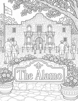 Detailed coloring page of Texas_01 featuring The Alamo sign
