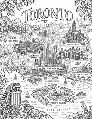 Illustrated travel map of Toronto landmarks and attractions
