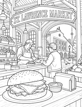 Detailed colouring page of Market sandwich counter
