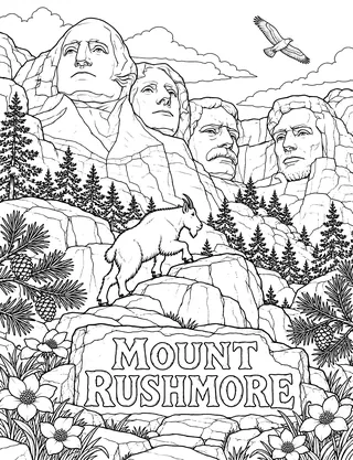 Detailed coloring page of Mount Rushmore