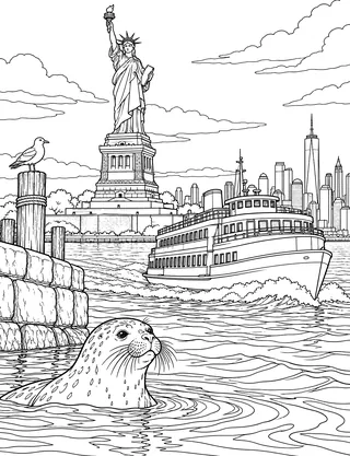Detailed coloring page of Statue of Liberty and New York Harbor