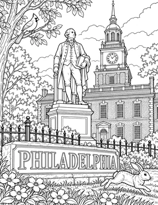 Detailed coloring page of George Washington Statue at Independence Hall