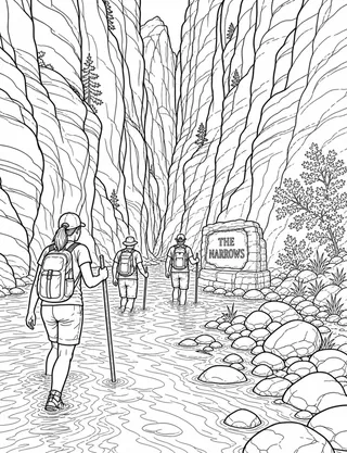 Detailed coloring page of Zion Narrows river hike featuring The Narrows sign