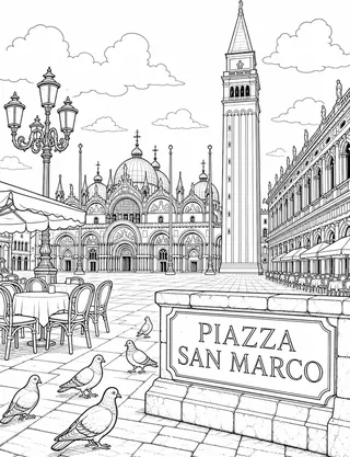 Piazza San Marco Venice coloring page with detailed line art