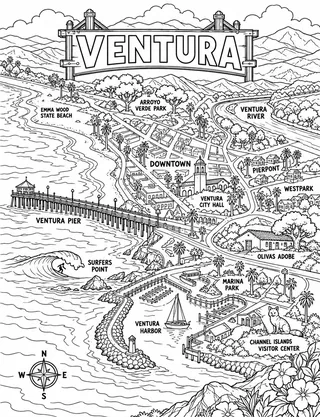 Illustrated travel map of Ventura landmarks and attractions