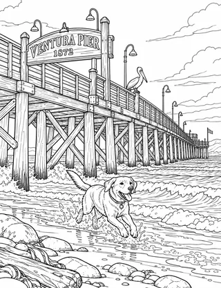 Detailed coloring page of Ventura Pier low-shore trestle panorama featuring Ventura Pier 1872 sign
