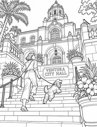 Detailed coloring page of Ventura City Hall stair ascent featuring Ventura City Hall sign