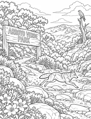 Detailed coloring page of Arroyo Verde chaparral run featuring Arroyo Verde Park sign