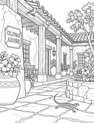Detailed coloring page of Olivas Adobe courtyard geometry featuring Olivas Adobe sign