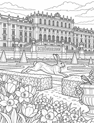 Detailed coloring page of Schonbrunn Palace Parterre and Leaping Hare