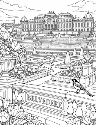Detailed coloring page of Belvedere Palace Garden and Rabbit featuring Belvedere sign