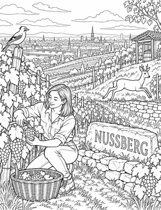 Detailed coloring page of Nussberg Vineyard Harvest and Roe Deer featuring Nussberg sign