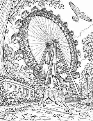 Detailed coloring page of Prater Ferris Wheel and Running Hare featuring Prater sign