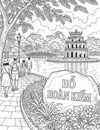 Detailed coloring page of Ha Long Bay Limestone Karsts and a Traditional Vietnamese Junk Boat
