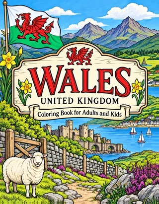 Wales Coloring Book for Adults cover illustration by Louisa May Carson