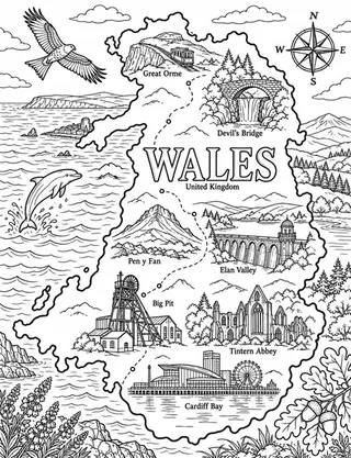 Illustrated travel map of Wales landmarks and attractions