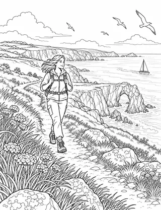 Detailed colouring page of Pembrokeshire Coast Path