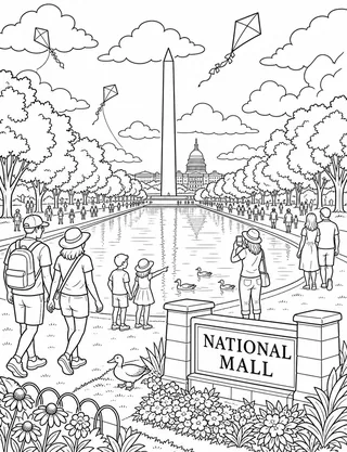Detailed coloring page of National Mall Panorama featuring National Mall sign
