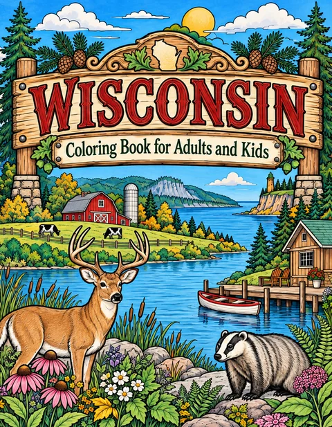 Wisconsin Coloring Book for Adults cover illustration by Louisa May Carson