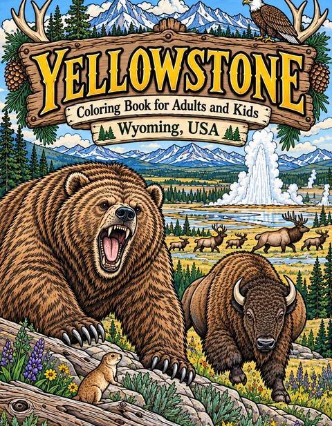 Yellowstone Coloring Book for Adults cover illustration by Louisa May Carson