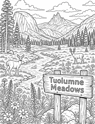 Detailed coloring page of Serene Merced River in the Valley Meadow